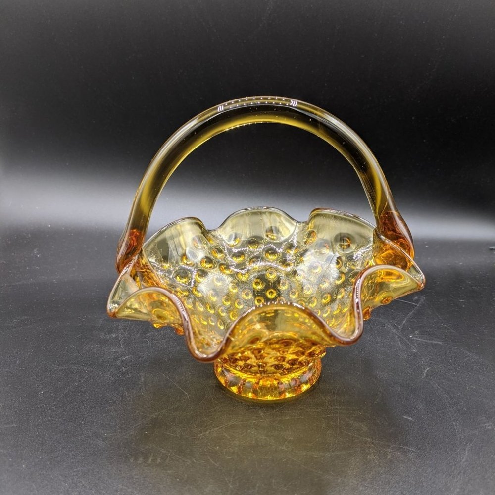 Amber Art Glass Hobnail Ruffled Edge Basket Applied Handle Vintage Candy Dish